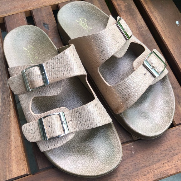 Shoes - Gold Speckled Birko-like “Vegan Leather” Sandals